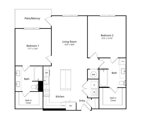 A black and white image of a house floor plan with two bathrooms, two bedrooms, a living room, a kitchen, and an entry.